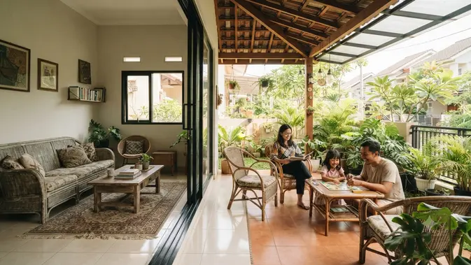 Rumah dengan Half Outdoor Living Room sebagai Tren Baru untuk Iklim Tropis Model Menyatu dengan Teras Depan (AI Generated)