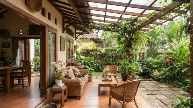 Rumah dengan Half Outdoor Living Room sebagai Tren Baru untuk Iklim Tropis Model Pergola sebagai Peneduh (AI generated)
