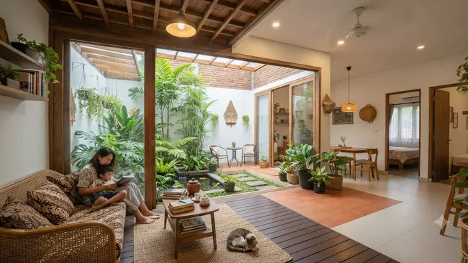 Rumah dengan Half Outdoor Living Room sebagai Tren Baru untuk Iklim Tropis Model Room dengan Halaman Dalam (AI Generated)
