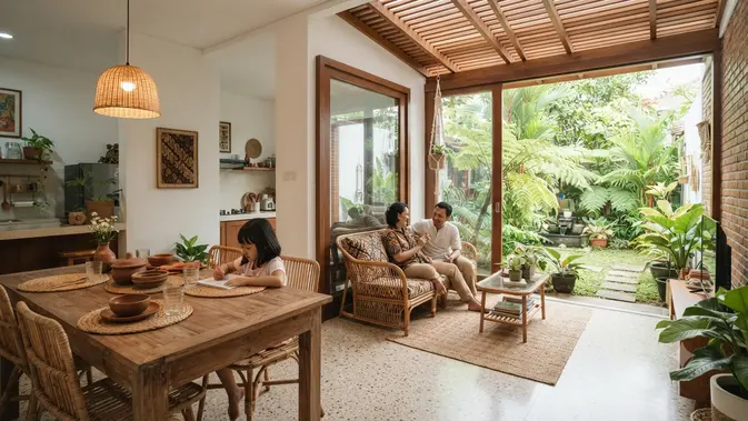 Rumah dengan Half Outdoor Living Room sebagai Tren Baru untuk Iklim Tropis Model Terhubung dengan Area Makan (AI generated)