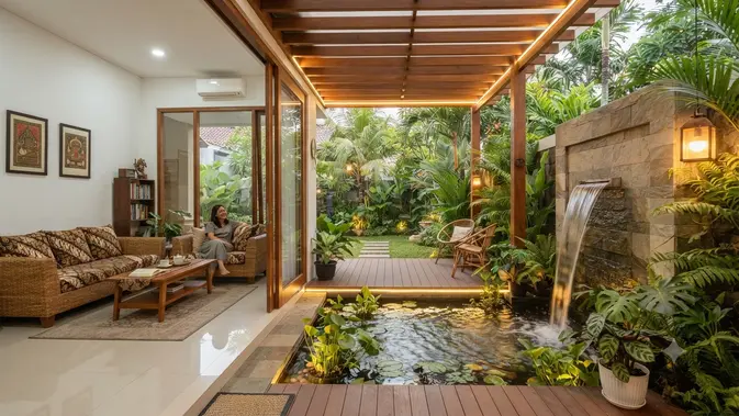 Rumah dengan Half Outdoor Living Room sebagai Tren Baru untuk Iklim Tropis Model dengan Kolam atau Elemen Air (AI generated)