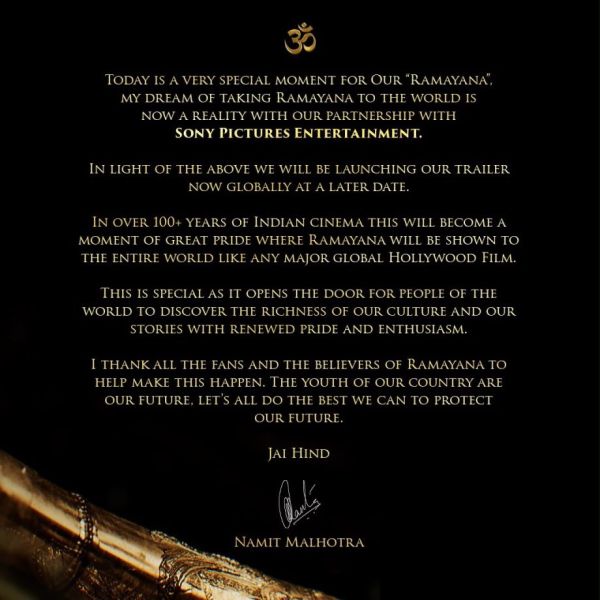 Ramayana Trailer Postponed; Producer Namit Malhotra Sony Pictures As Global Distributor 1