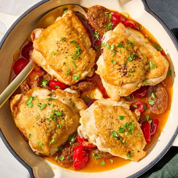 A recipe image of Chicken Scarpariello. Credit: Photographer: Grant Webster, Food Stylist: Holly Dreesman, Prop Stylist: Dera Burreson.