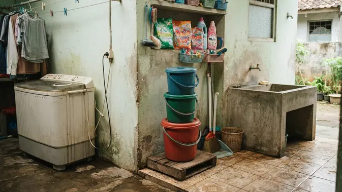 Tempat Menyimpan Ember agar Area Laundry Lebih Rapi, Jadi Ide Penataan Rumah Kontrakan Model Manfaatkan Sudut Area Laundry (image generated by AI)