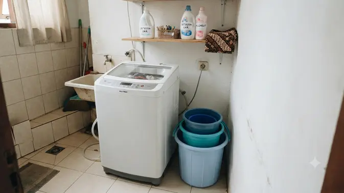 Tempat Menyimpan Ember agar Area Laundry Lebih Rapi, Jadi Ide Penataan Rumah Kontrakan Model Letakkan di Samping Mesin Cuci (image generated by AI)