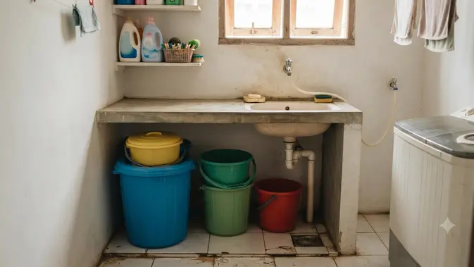 Tempat Menyimpan Ember agar Area Laundry Lebih Rapi, Jadi Ide Penataan Rumah Kontrakan Model Simpan Ember di Bawah Meja Cuci (image generated by AI)