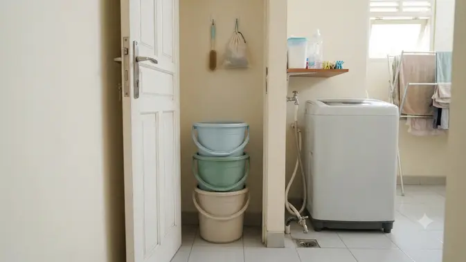 Tempat Menyimpan Ember agar Area Laundry Lebih Rapi, Jadi Ide Penataan Rumah Kontrakan Model di Belakang Pintu Laundry (image generated by AI)