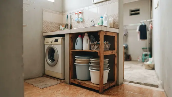 Tempat Menyimpan Ember agar Area Laundry Lebih Rapi, Jadi Ide Penataan Rumah Kontrakan Model Rak di Bawah Laundry (image generated by AI)