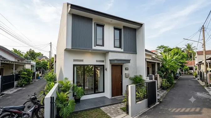 Kombinasi material fasad rumah Panel Aluminium Komposit (ACP) + Kaca Low-E. [AI Generated]