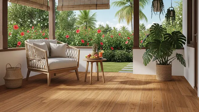 Teras dengan Keramik Motif Kayu (Wood Look) (AI Generated)