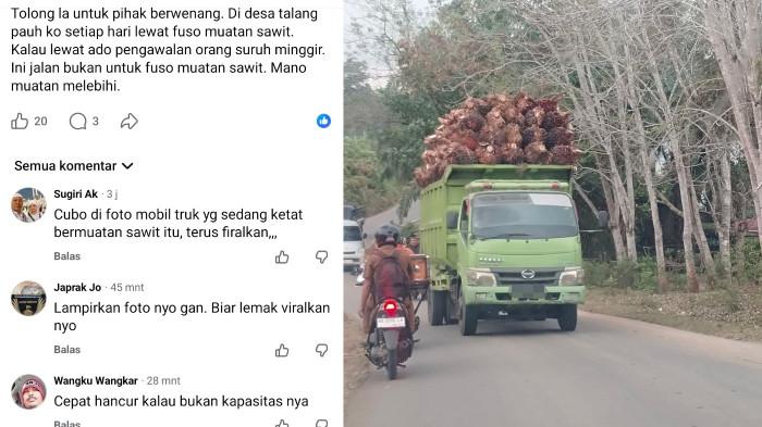 TRUK ODOL - (kiri) Cuplikan layar keluhan warga Desa Talang Pauh ramai di media sosial yang diposting pada Jumat (24/7/2026). (kanan) kendaran truk over load yang melintas di area Kecamatan Pondok Kelapa. Keluhan warga Desa Talang Pauh, Kecamatan Pondok Kelapa, Kabupaten Bengkulu Tengah, terkait maraknya truk pengangkut kelapa sawit bermuatan berlebih yang melintasi jalan desa ramai diperbincangkan di media sosial.