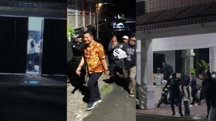 PENGGELEDAHAN  - Kolase penggeledahan rumah Kepala Dinas PUPR Kota Bengkulu (kiri) Kasat Reskrim Polresta Bengkulu, AKP Frangky Sirait terpantau tiba di lokasi bersama seseorang membawa mesin hitung uang (Tengah) dan penyidik membawah 6 koper dari penggeledahan (kanan).