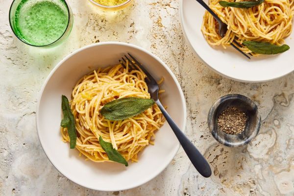 a recipe photo of the Creamy Butternut Squash Pasta Credit: Photographer: Stacy K. Allen, Prop stylist: Julia Bayless, Food stylist: Ana Kelley