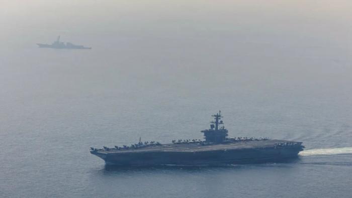 OPERASI KEBEBASAN - Tangkap layar Khaberni, Senin (4/5/2025) menunjukkan kapal perang Amerika Serikat (AS), di perairan sekitar Selat Hormuz.