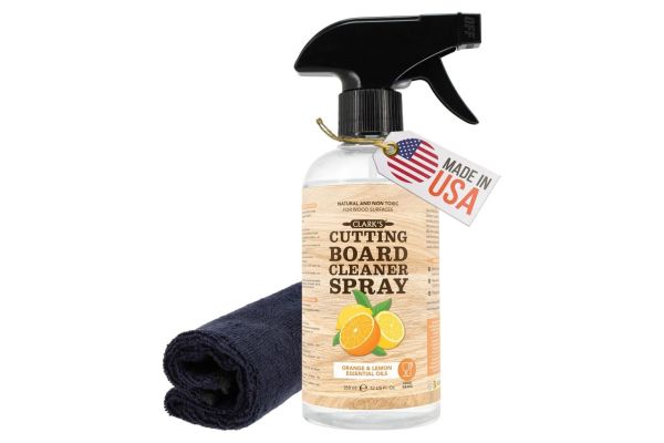CLARK'S Natural Cutting Board Spray Cleaner 12oz, with Microfiber Cloth, for Wood Countertop – Pure Ingredients Filtered Water, Distilled Vinegar, Castile Soap, Lemon & Orange Citrus Oil Extracts Credit: Amazon