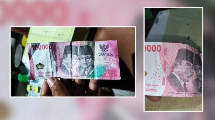 UANG - Foto uang diduga palsu pecahan Rp 100 ribu. Satrio Saputro, seorang warga yang juga pedagang Tempe di Pasar Bersehati Manado melaporkan, dirinya menjadi korban uang palsu.