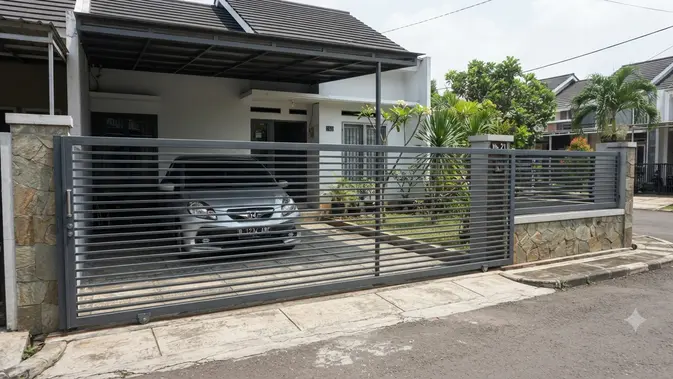 Inspirasi Pagar Geser untuk Rumah Tipe 36 dengan Carport 1 Mobil yang Aman dari Maling Model Bilah Horizontal (image generated by AI)