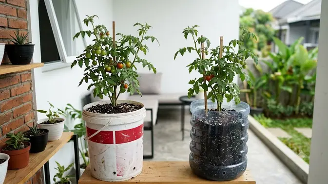 Ember Bekas atau Galon Bekas untuk Menanam Tomat Ember Bekas atau Galon Bekas, Mana Wadah Terbaik untuk Menanam Tomat di Rumah? (AI Generated)