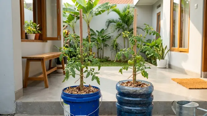 Ember Bekas atau Galon Bekas untuk Menanam Tomat Ember Bekas atau Galon Bekas, Mana Wadah Terbaik untuk Menanam Tomat di Rumah? (AI Generated)