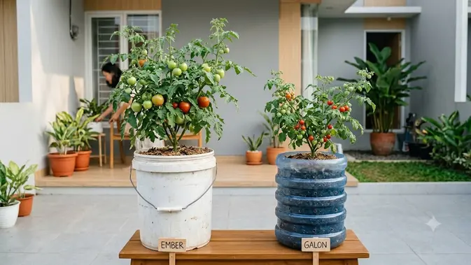 Ember Bekas atau Galon Bekas untuk Menanam Tomat Ember Bekas atau Galon Bekas, Mana Wadah Terbaik untuk Menanam Tomat di Rumah? (AI Generated)