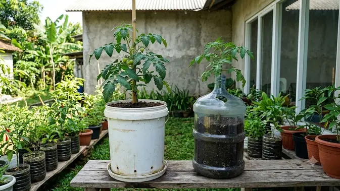 Ember Bekas atau Galon Bekas untuk Menanam Tomat Ember Bekas atau Galon Bekas, Mana Wadah Terbaik untuk Menanam Tomat di Rumah? (AI Generated)