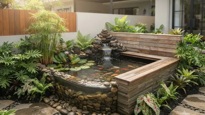 Kolam dari Bak Plastik dengan Air Terjun Mini/ Ide Kolam Ikan Murah untuk Rumah Kecil (AI generated)