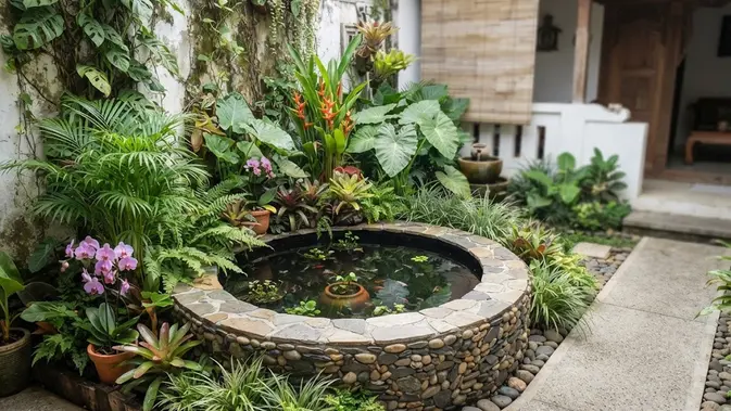 Kolam dari Ban Bekas yang Kreatif / Ide Kolam Ikan Murah untuk Rumah Kecil (AI generated)