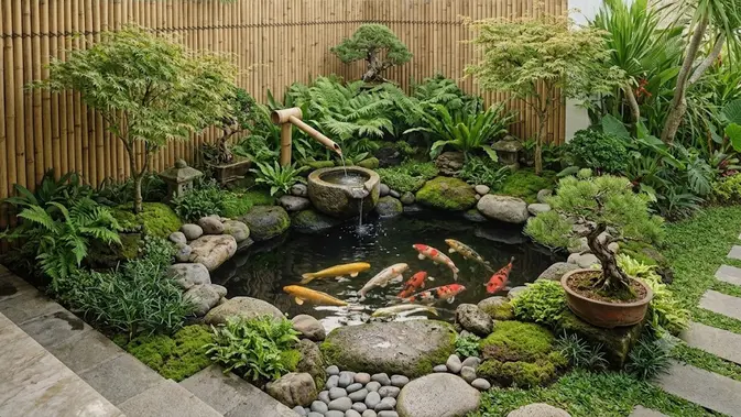 Kolam Bergaya Jepang yang Menenangkan/ Ide Kolam Ikan Murah untuk Rumah Kecil (AI generated)