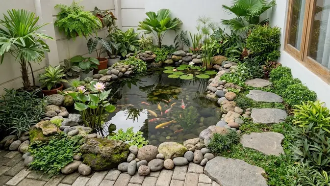Memanfaatkan Sudut Rumah Menjadi Kolam Natural/ Ide Kolam Ikan Murah untuk Rumah Kecil (AI generated)