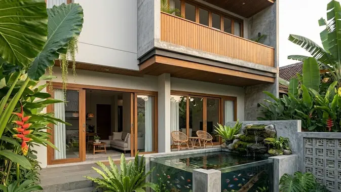 Kolam Kaca Modern di Teras atau Patio/ Ide Kolam Ikan Murah untuk Rumah Kecil (AI generated)