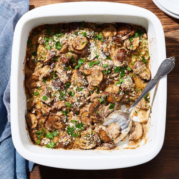 Parmesan Mushroom Casserole Credit: Photography / Brie Passano, Styling / Sammy Mila / Holly Raibikis