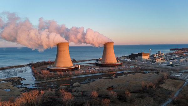 Aerial shot of the Enrico Fermi II nuclear power plant in the USA