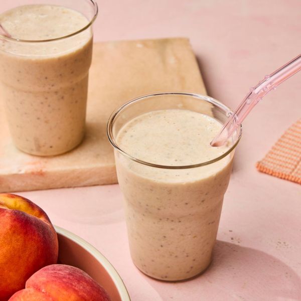 A recipe image of High-Protein Peach-Oatmeal Smoothie. Credit: Photographer: Stacy K. Allen.