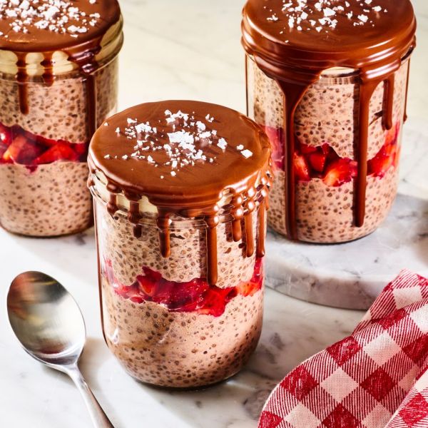 A recipe image of Chocolate-Strawberry–Peanut Butter Chia Pudding. Credit: Photographer: Morgan Hunt Ward.