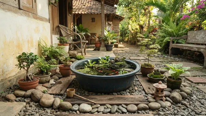 Cara Membuat Kolam Ikan Mini dari Ember Bekas Bergaya Zen Ala Jepang dengan Menata Area Kolam Agar Menghadirkan Nuansa Zen (AI Generated)