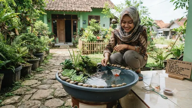 Cara Membuat Kolam Ikan Mini dari Ember Bekas Bergaya Zen Ala Jepang dengan Memilih Jenis Ikan yang Sesuai Ukuran Kolam (AI Generated)