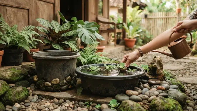 Cara Membuat Kolam Ikan Mini dari Ember Bekas Bergaya Zen Ala Jepang dengan Menambahkan Tanaman Air dan Isi Secara Bertahap (AI Generated)