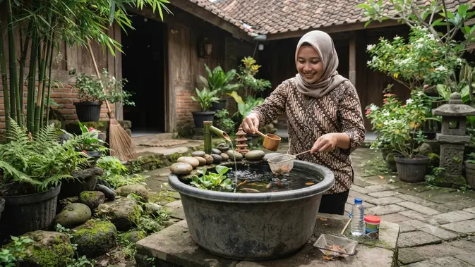 Cara Membuat Kolam Ikan Mini dari Ember Bekas Bergaya Zen Ala Jepang dengan Merawat Kolam Secara Rutin Sehingga Layak Digunakan (AI Generated)