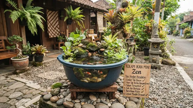 Cara Membuat Kolam Ikan Mini dari Ember Bekas Bergaya Zen Ala Jepang dan Hindari Kesalahan-Kesalahannya (AI Generated)