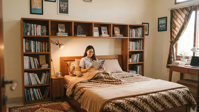 Rak Buku Mengelilingi Kepala Tempat Tidur untuk Kepribadian yang Gemar Belajar Sebelum Tidur (Ai Generated)