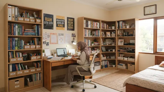 Rak Buku Berbentuk Huruf L untuk Kepribadian yang Suka Mengerjakan Banyak Hal (AI Generated)