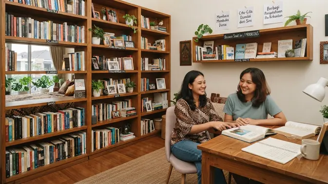 Rak Buku Terbuka untuk Kepribadian yang Suka Berbagi Pengetahuan (AI Generated)