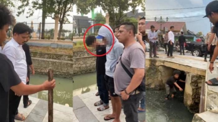 PENIKAMAN DI MTQ KENDARI - Kolase foto dokumentasi suasana pencarian kasus penikaman di sekitar kawasan eks MTQ, Jl Tebaununggu, Kelurahan Korumba, Kecamatan Mandonga, Kota Kendari, Provinsi Sulawesi Tenggara (Sultra), pada Senin (27/07/2026) petang, yang menyebabkan tewasnya seorang pekerja tempat hiburan malam (THM) berinisial MK alias CI (21). Terlihat dalam foto Kasatreskrim Polresta Kendari Kompol Welliwanto Malau (foto kiri, kemeja putih), dua terduga pelaku (foto tengah, lingkaran merah), dan seorang petugas kepolisian menyisir kanal untuk mencari barang bukti.(TribunnewsSultra.com/Ahlun Wahid)
