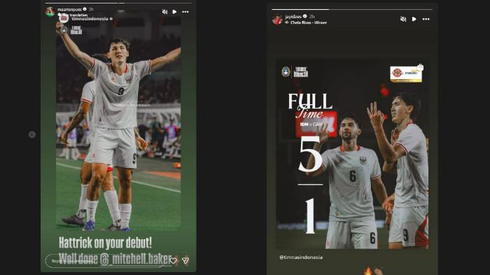 RAYAKAN KEMENANGAN - Via media sosial, Jay Idzes dan Maarten Paes memberikan apresiasi kepada Mitchell Baker yang mencetak 3 gol di laga debut untuk bantu Timnas Indonesia kalahkan Kamboja 5-1 pada laga Grup A Piala AFF 2026 di Pakansari, Bogor, Senin (27/7) malam WIB.