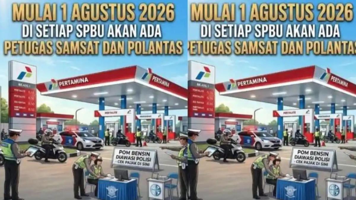 POSTER SPBU VIRAL - Sebuah poster yang mengeklaim akan ada petugas Samsat dan polisi lalu lintas (Polantas) di setiap stasiun pengisian bahan bakar umum (SPBU) mulai 1 Agustus 2026 beredar di media sosial. Ini penjelasan Pertamina dan polisi.