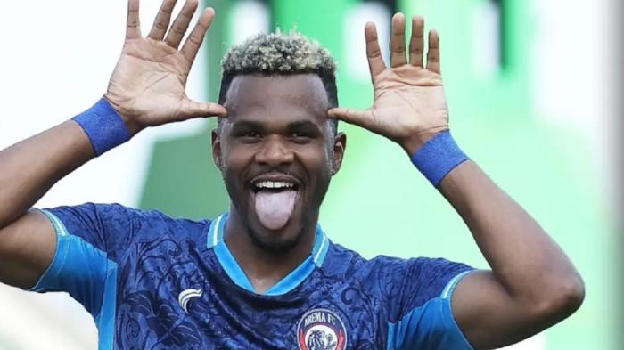 PIALA PRESIDEN - Pemain Arema FC, Gustavo Henrique, selebrasi usai mencetak gol ke gawang Tampines Rovers pada laga Piala Presiden 2026 di Stadion Si Jalak Harupat, Selasa (28/7/2026).