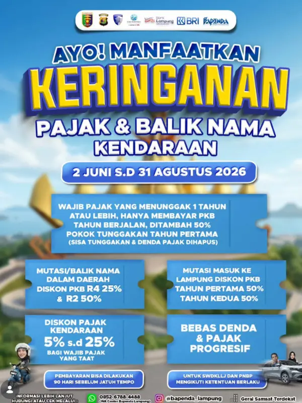 Pemutihan Pajak Kendaraan di Lampung Agustus 2026 (Foto: Instagram/bapenda_lampung)