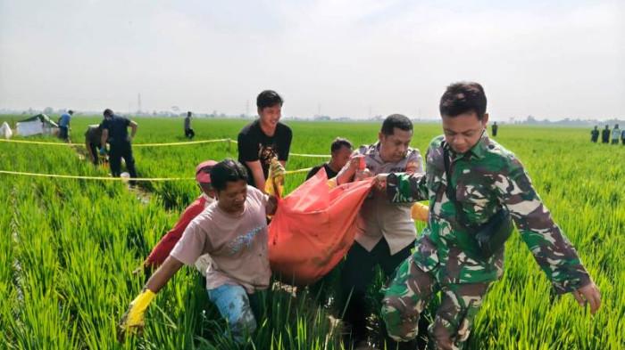 EVAKUASI JENAZAH - Tim gabungan evakuasi jenazah seorang perangkat Desa Kalipancur, Kecamatan Bojong, Kabupaten Pekalongan bernama Rusyanto yang ditemukan meninggal di areal persawahan, Selasa (28/7/2026). Saat ini polisi masih mendalami penemuan itu, termasuk penyebabnya.