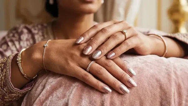 Elegant Indian bride displaying shimmery rose gold glitter manicured nails with gold diamond rings on velvet cushion setup.