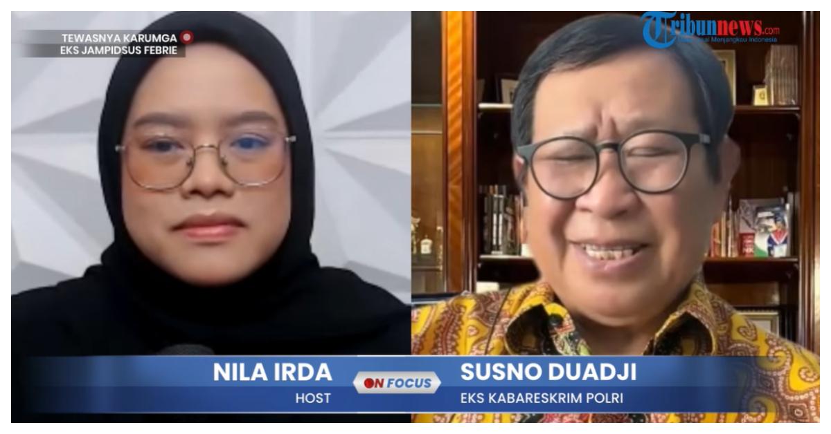 KEMATIAN SUTRIMO - Mantan Kabareskrim Polri Susno Duadji dalam wawancara Program Tribun Onfocus yang dipandu host Nila Irda dari Studio Tribunnews Solo, Karanganyar, Jawa Tengah, Selasa (28/7/2026). Susno Duadji menilai, polisi perlu melakukan ekshumasi atau gali kubur untuk mengautopsi jenazah Sutrimo.